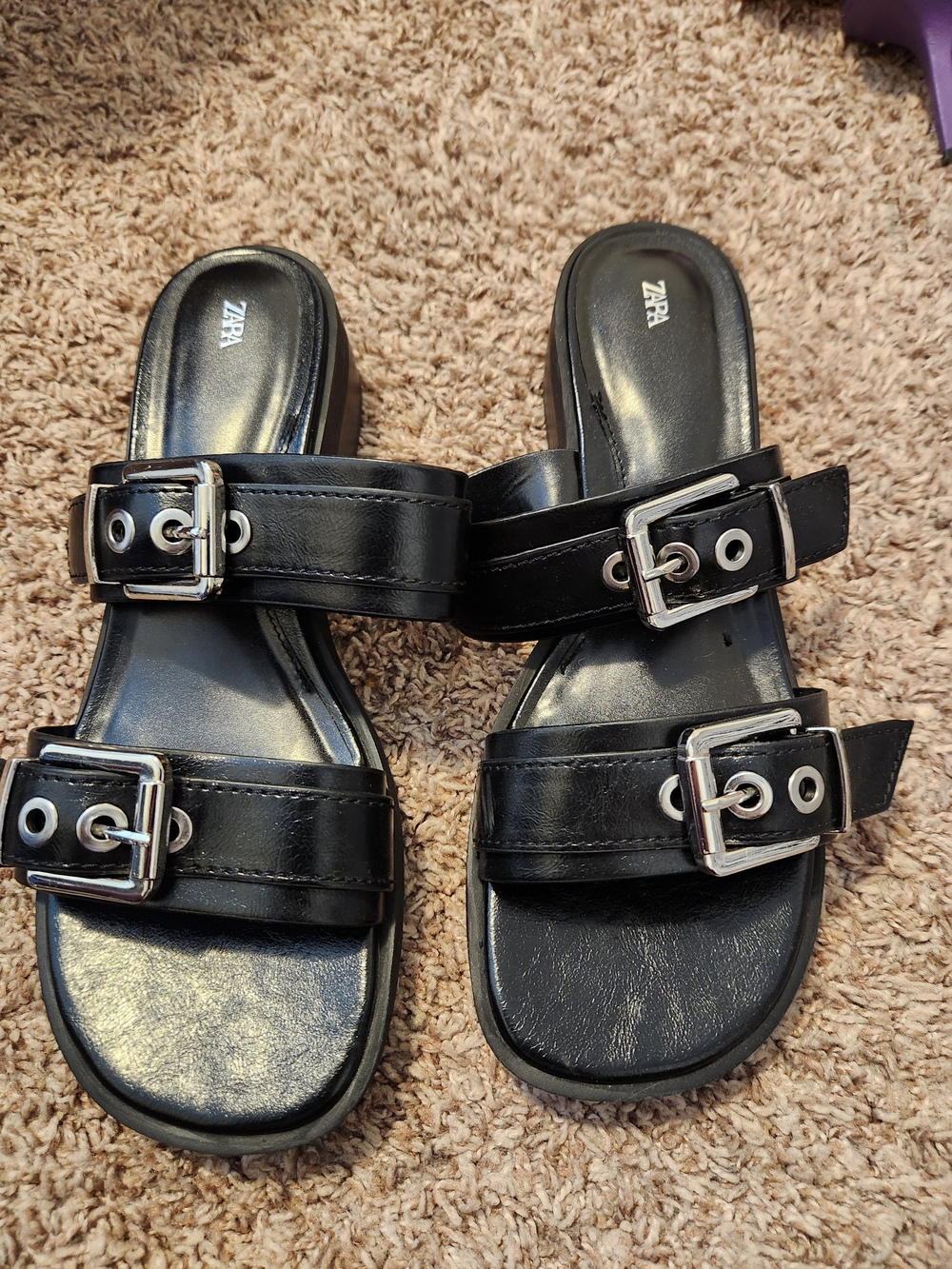 Zara Black Double Buckle Slide Sandals